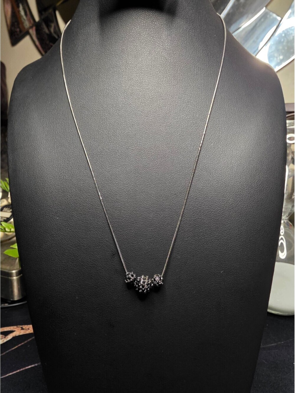 Monet Silver Tone Black Pave Crystal Ball Pendant Necklace Snake Chain 3-Bead